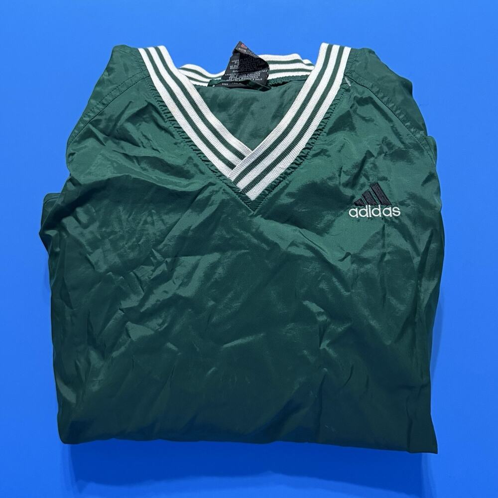 adidas Green V-Neck Windbreaker with White Stripe Trim